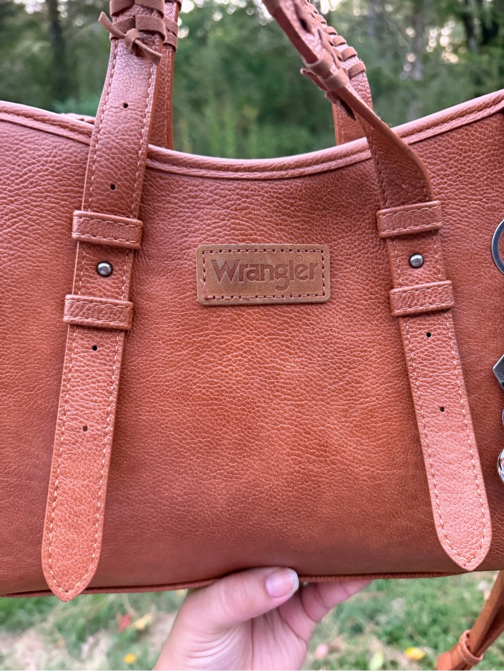 Wrangler Tan Shoulder Tote with Braided Handles and Charm - Picture 2 of 5